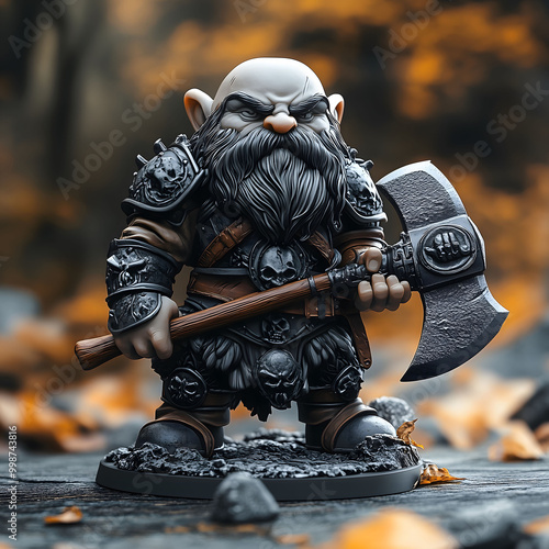 A fierce barbarian deep gnome in black armor wielding a massive axe stands on a round base for tabletop role-playing games and adventures photo