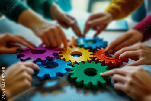 A group of people holding colorful gears in their hands, a collaboration and success concept.