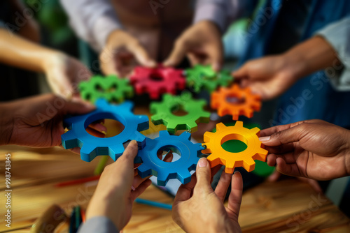 A group of people holding colorful gears in their hands, a collaboration and success concept.