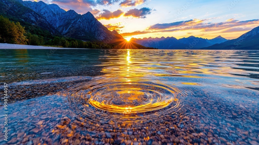A tranquil lake with mountains in the background and the golden hour light reflecting on the water A tranquil lake with mountains in the background and the golden hour light reflecting on the water