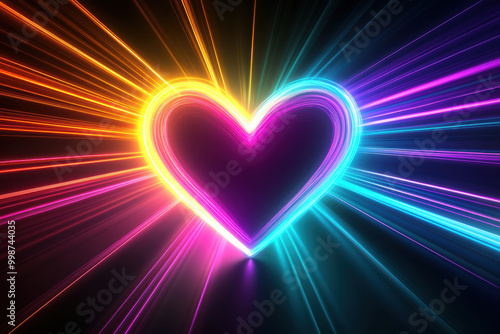 Vibrant abstract neon light heart on black