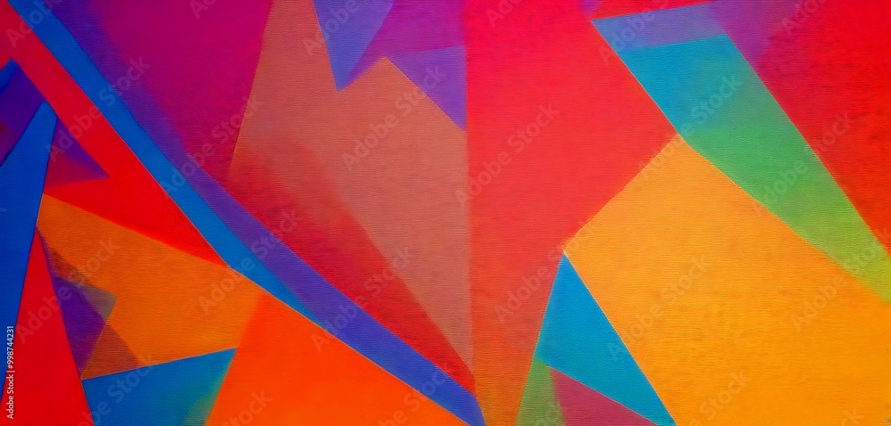 Abstract geometric composition featuring intersecting lines and triangles in various colors, including red, orange, yellow, blue, and green Abstract geometric composition featuring intersecting lines and triangles in various colors, including red, orange, yellow, blue, and green