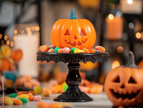 Halloween themed dessert display with candies and a pumpkin candle photo