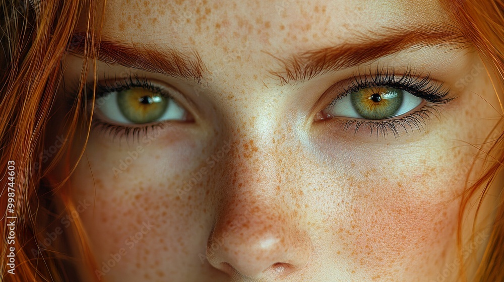 Close-Up Portrait of Woman with Green Eyes and Freckles Close-Up Portrait of Woman with Green Eyes and Freckles