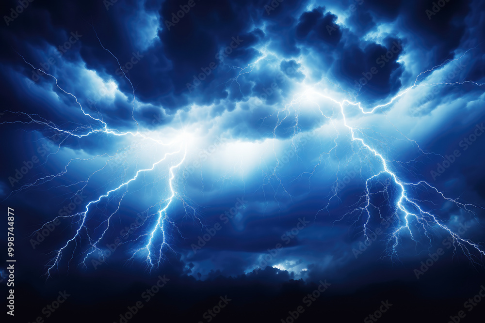generated illustration of dramatic scene of lightning illuminating the dark blue sky, generated illustration of dramatic scene of lightning illuminating the dark blue sky,