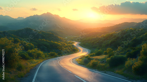 A Beautiful Asphalt Road Leads to the Horizon with Mountains in the Distance 