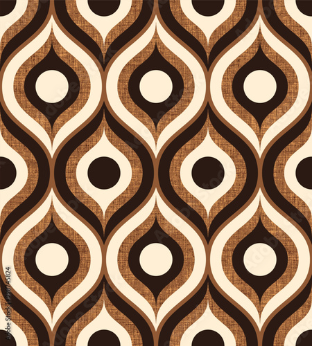 Retro midcentury textured brown ogee oval Vector pattern. Retro 70s ogee and circles geometrics brown, black and cream fabric texture.