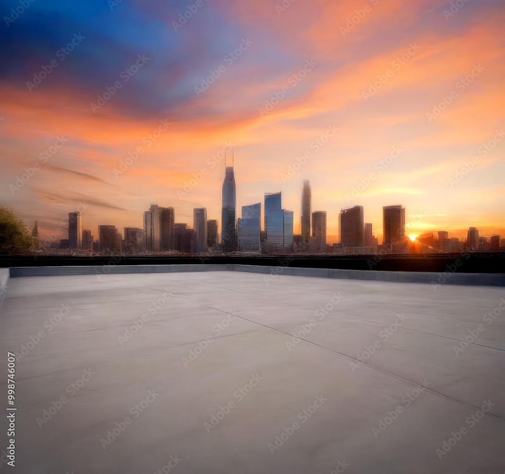 A city skyline at sunset, with a large building in the center and a smaller one to the left, set against a vibrant orange and pink sky A city skyline at sunset, with a large building in the center and a smaller one to the left, set against a vibrant orange and pink sky
