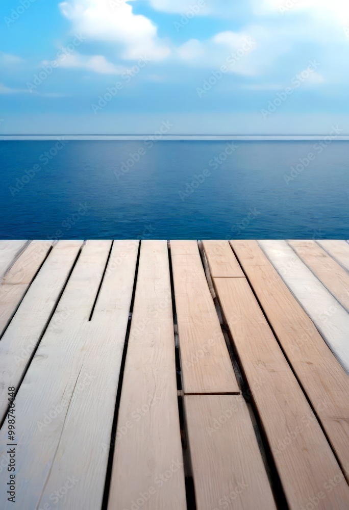 A wooden dock extends into a calm, blue ocean under a clear sky with fluffy white clouds A wooden dock extends into a calm, blue ocean under a clear sky with fluffy white clouds