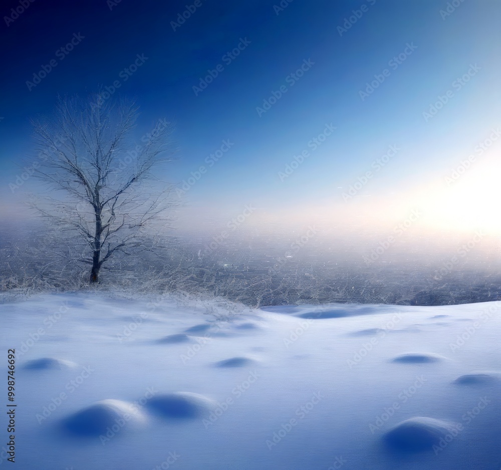 A lone, bare-branched tree stands in a snowy landscape, its silhouette stark against the pale blue sky The snow-covered ground is dotted with small, round, and deep snow A lone, bare-branched tree stands in a snowy landscape, its silhouette stark against the pale blue sky The snow-covered ground is dotted with small, round, and deep snow