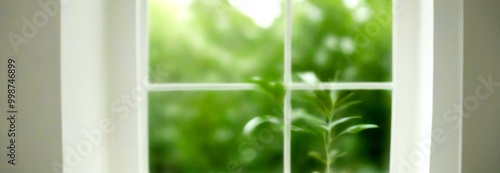 A white window frame with a blurred green plant visible through the glass photo