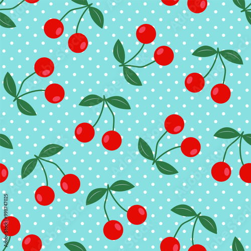 Retro midcentury Rockabilly red cherries teal polka dots Vector pattern. Tattoo style cherry graphics on retro polka dots background.