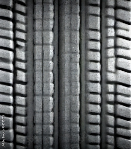 a close-up view black rubber tire, with a textured pattern of grooves and ridges