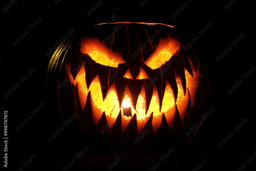 Fanged jack-o'-lantern isolated in the dark. Fanged jack-o'-lantern isolated in the dark.