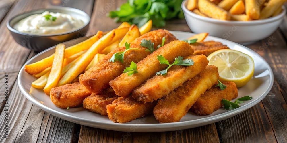 golden brown fish fingers with potato fries golden brown fish fingers with potato fries