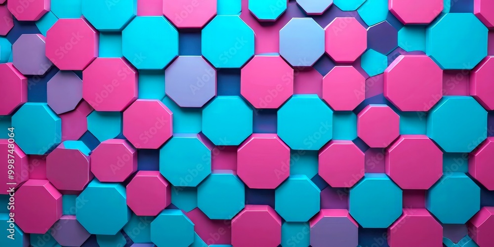 A wall composed of overlapping hexagonal shapes in various shades of pink and blue A wall composed of overlapping hexagonal shapes in various shades of pink and blue