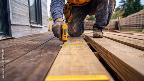 Carpenter Measuring and Cutting Wooden Planks