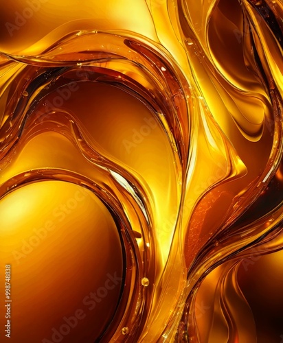 a digital art piece featuring a swirling pattern of golden liquid, resembling oil or honey, with a warm, golden hue photo