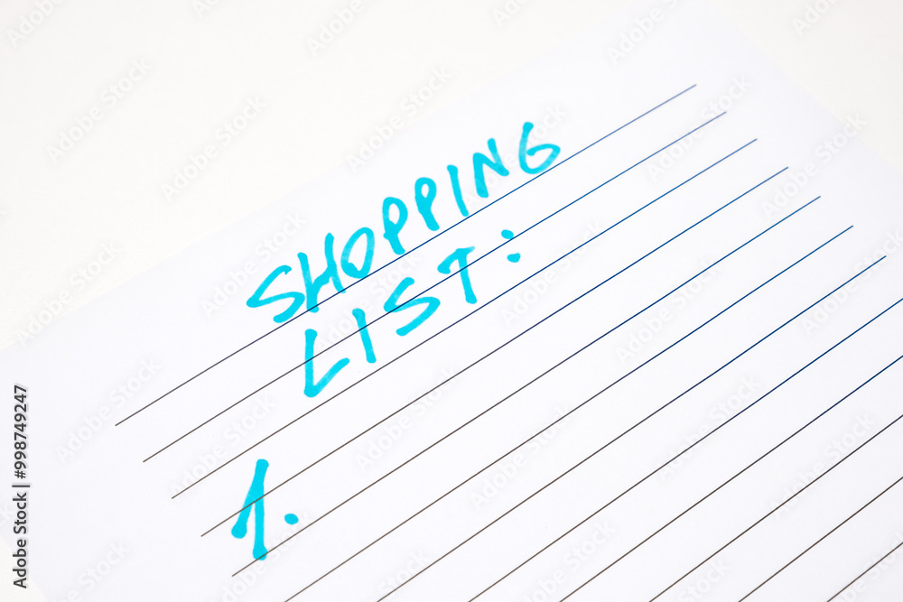 Shopping list handwritten inscription in blue on white paper Shopping list handwritten inscription in blue on white paper