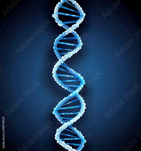 A digital illustration DNA double helix, with the helix composed of blue and white strands against a dark blue background