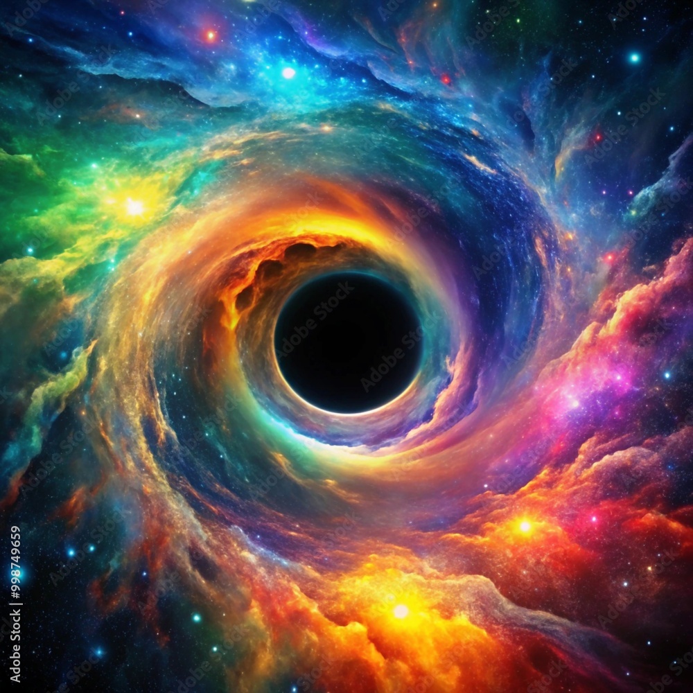 A black hole in space surrounded by swirling, colorful nebulae. The ...