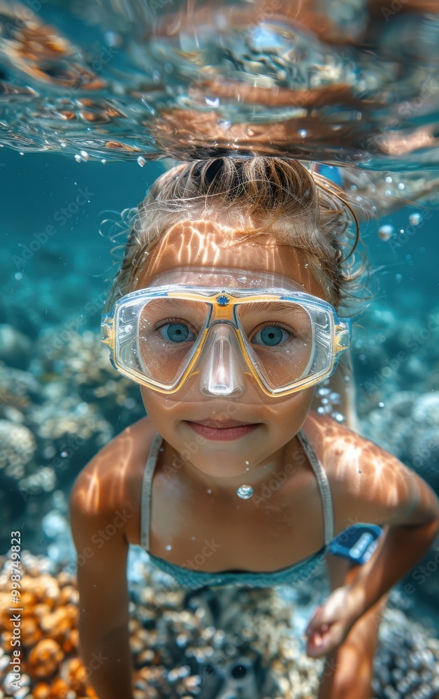 Fototapeta premium A young girl is underwater wearing a pair of goggles. She is smiling and looking up at the camera