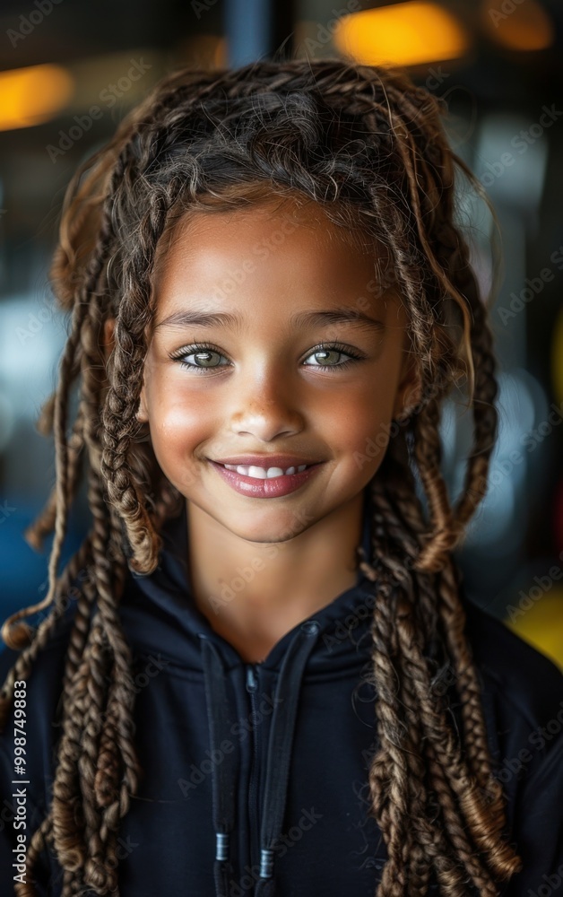 A young girl with dreadlocks is smiling and looking at the camera. She is wearing a black hoodie and has a greenish-blue eye A young girl with dreadlocks is smiling and looking at the camera. She is wearing a black hoodie and has a greenish-blue eye