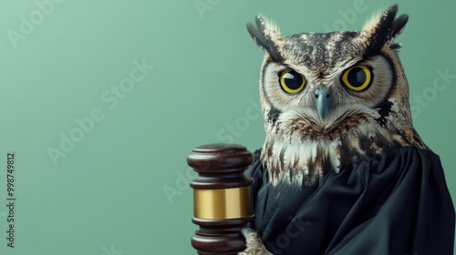 Judicial Owl in a Black Robe Holding a Gavel on Sage Green Background. Concept Illustration for Constitutional Law with Copy Space. High-resolution design.