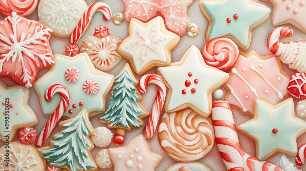 Fototapeta premium Cute Christmas cookies decorated with candy canes, stars, and trees in pastel colors, Generative AI