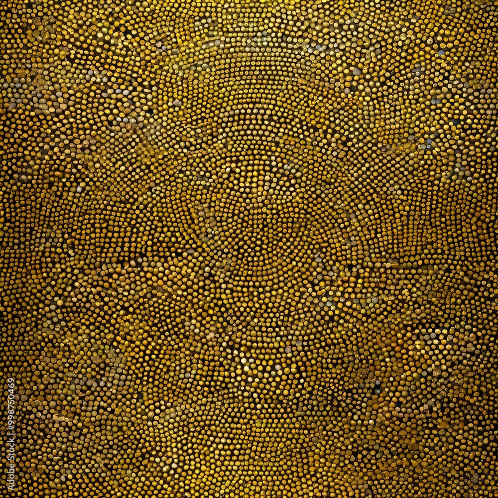 a close-up view textured surface with a repeating pattern of small, round, gold-colored dots or specks The pattern is not uniform, with some areas appearing denser a close-up view textured surface with a repeating pattern of small, round, gold-colored dots or specks The pattern is not uniform, with some areas appearing denser