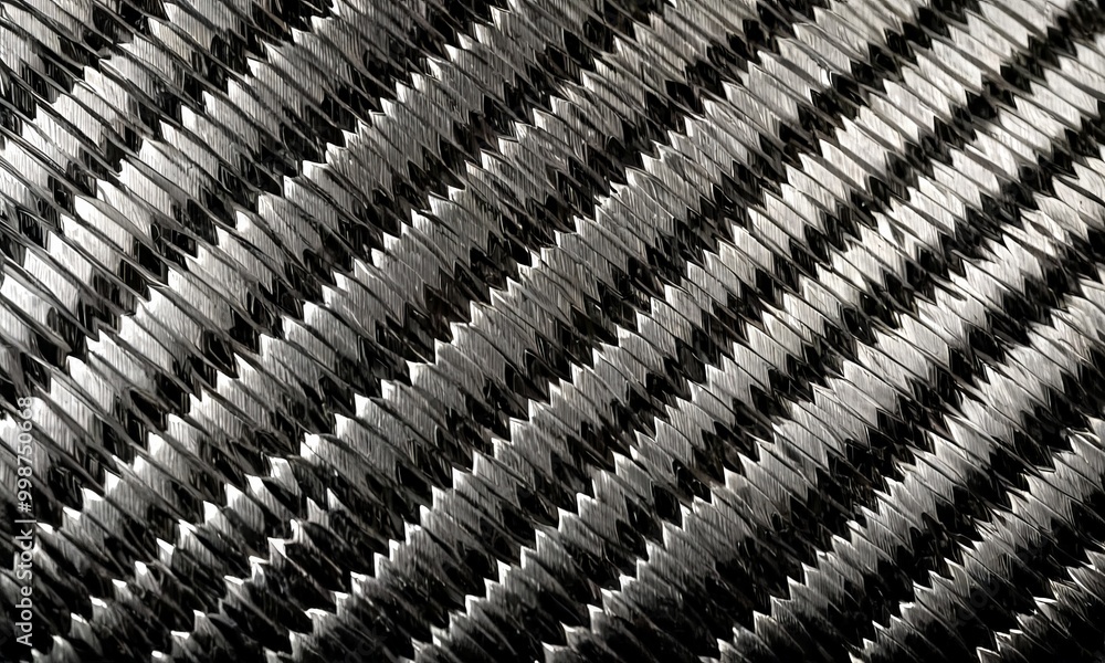 A close-up textured surface, possibly a metal or plastic material, with a repeating pattern of diagonal lines or zigzags A close-up textured surface, possibly a metal or plastic material, with a repeating pattern of diagonal lines or zigzags