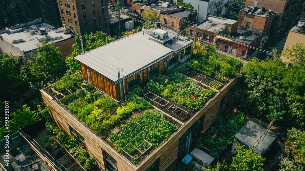 Fototapeta premium Rooftop garden on a building surrounded by a cityscape, featuring greenery for vegetables and herbs. Growing concept.