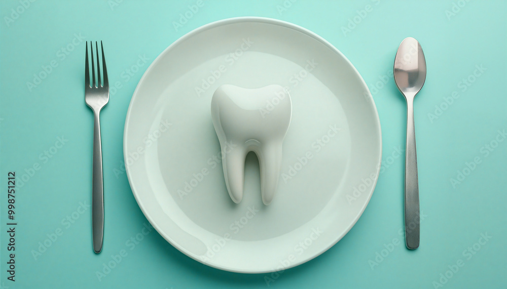 A white plate topped with a tooth next to a silver fork and spoon. A white plate topped with a tooth next to a silver fork and spoon.