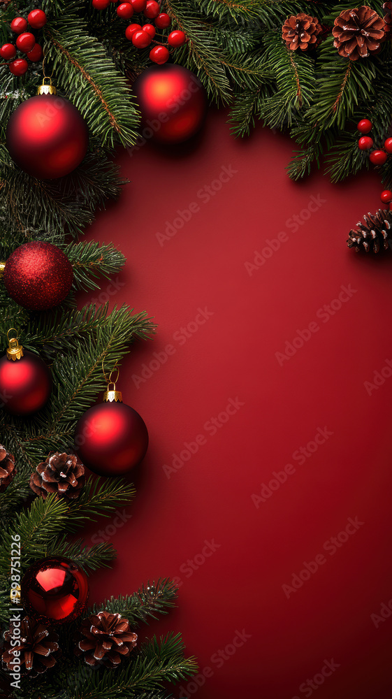 Festive Pine Branches on Red Background Festive Pine Branches on Red Background
