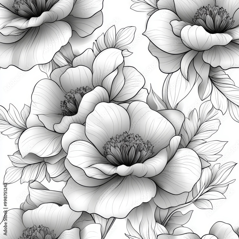 Fototapeta premium This seamless pattern features isolated flowers and leaves on a white background. Great for wedding stationary, greetings, wallpapers, fashion, logos, wrapping paper, fashion, and textiles.