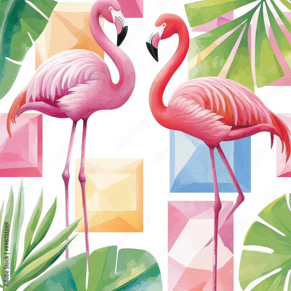 Fototapeta premium This abstract tropical pattern includes a flamingo, a protea and a palm tree. It is a watercolor seamless print.