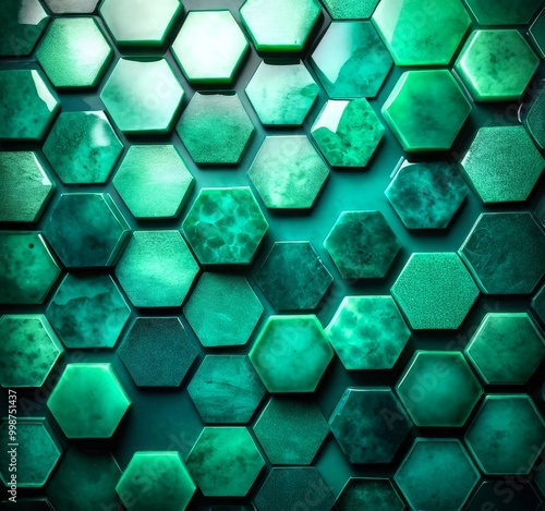 a close-up view pattern of hexagonal tiles in various shades of green, arranged in a grid-like formation photo