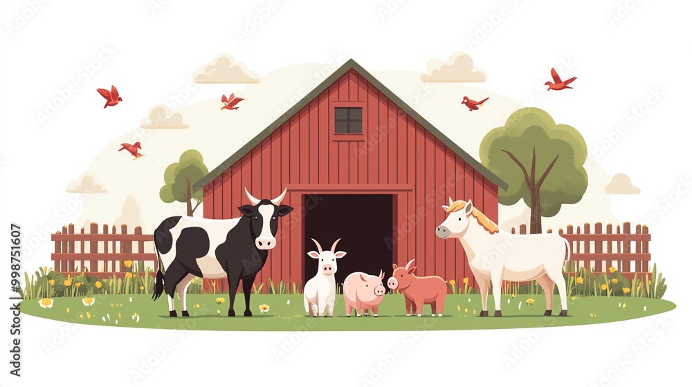 Flat design of farm animals including a cow, horse, pig, and goat, set in a countryside barnyard, Livestock at Barn, Rural landscape illustration Flat design of farm animals including a cow, horse, pig, and goat, set in a countryside barnyard, Livestock at Barn, Rural landscape illustration