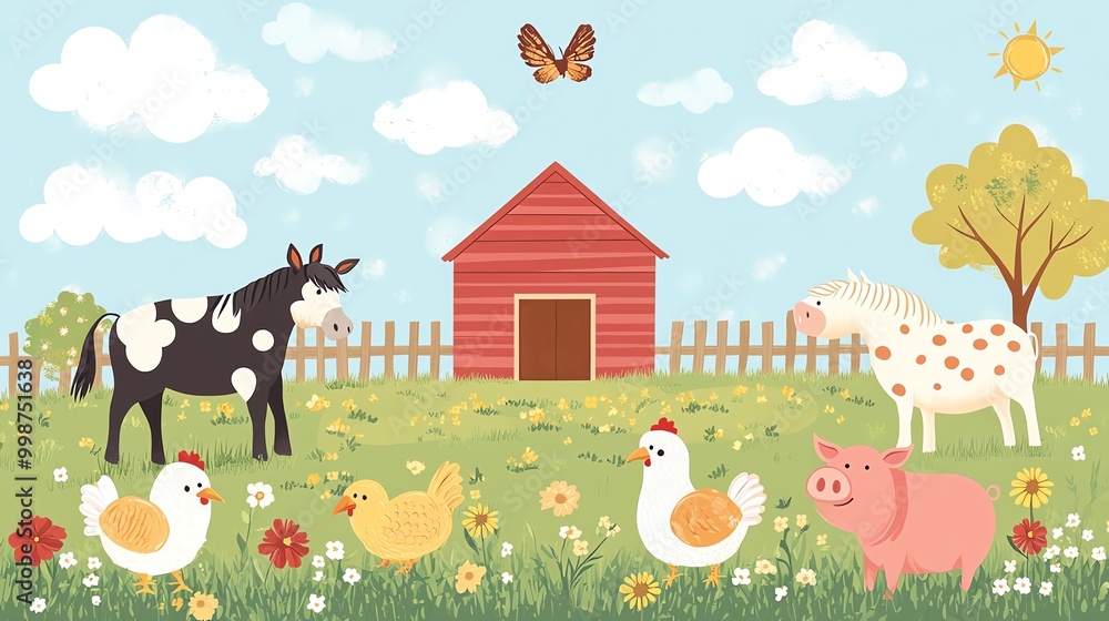 Obraz premium Flat countryside scene featuring a barnyard with domestic animals such as a horse, cow, pig, and chickens grazing, Farm Animals, Rural farmyard illustration