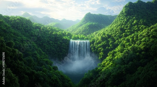 A colossal waterfall crashing down into a misty pool, surrounded by lush green forest