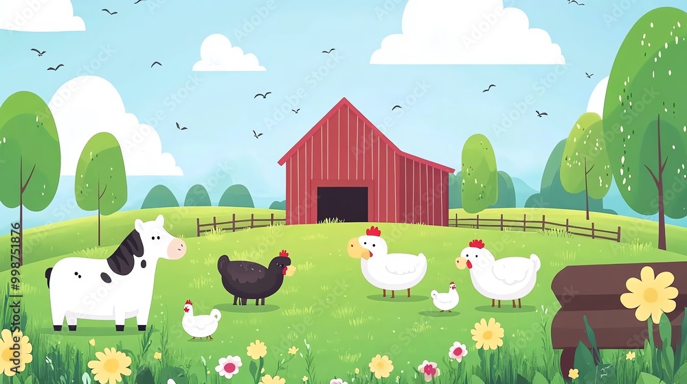 Livestock such as cows, horses, and chickens in a farmyard surrounded by green fields and a barn, Farmyard Animals, Flat countryside Livestock such as cows, horses, and chickens in a farmyard surrounded by green fields and a barn, Farmyard Animals, Flat countryside