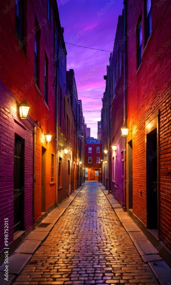 Fototapeta premium A dimly lit cobblestone alleyway, flanked by red brick buildings, stretches out into the distance under a vibrant purple and pink sky