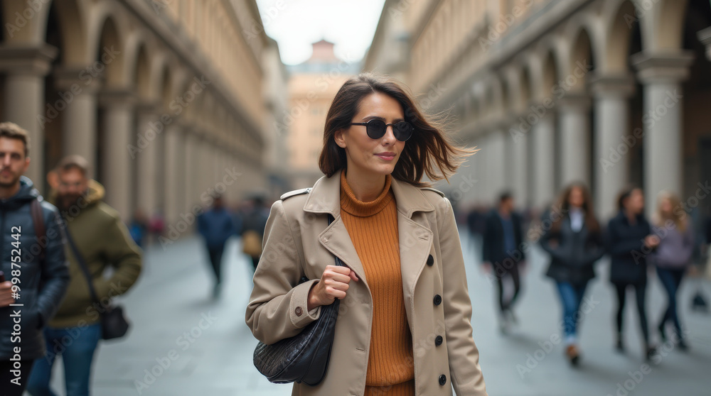 Obraz premium Fashionable Woman Walking in Milan: Street Style and Urban Fashion Trend in European City Street