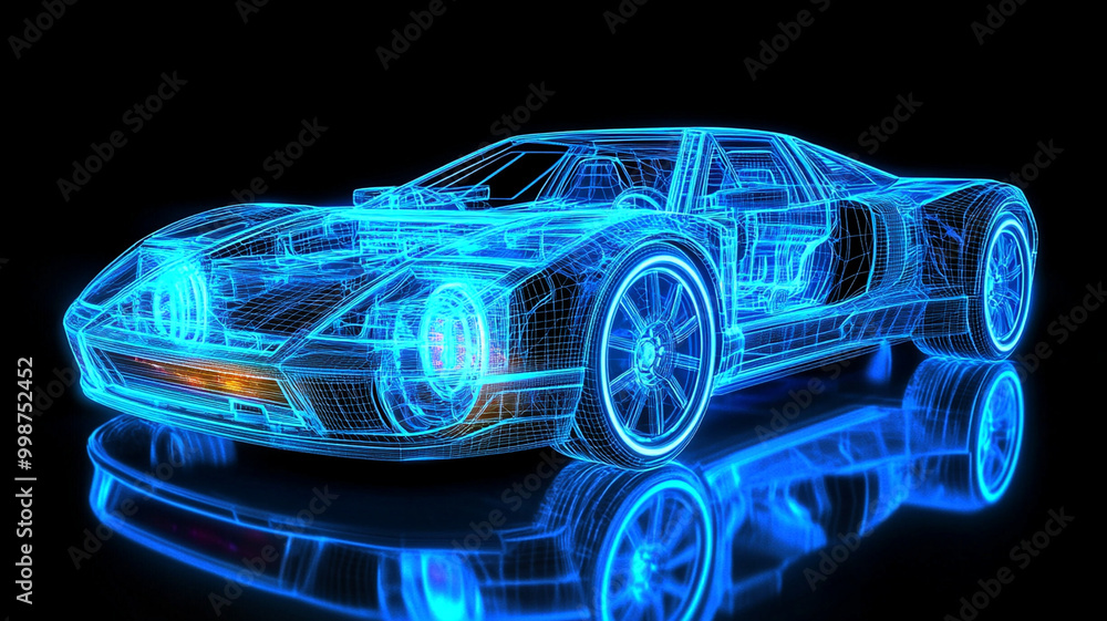 Naklejka premium Futuristic 3D Wireframe Car Model in Neon Blue - Digital Automotive Engineering with Transparent Inner Mechanisms