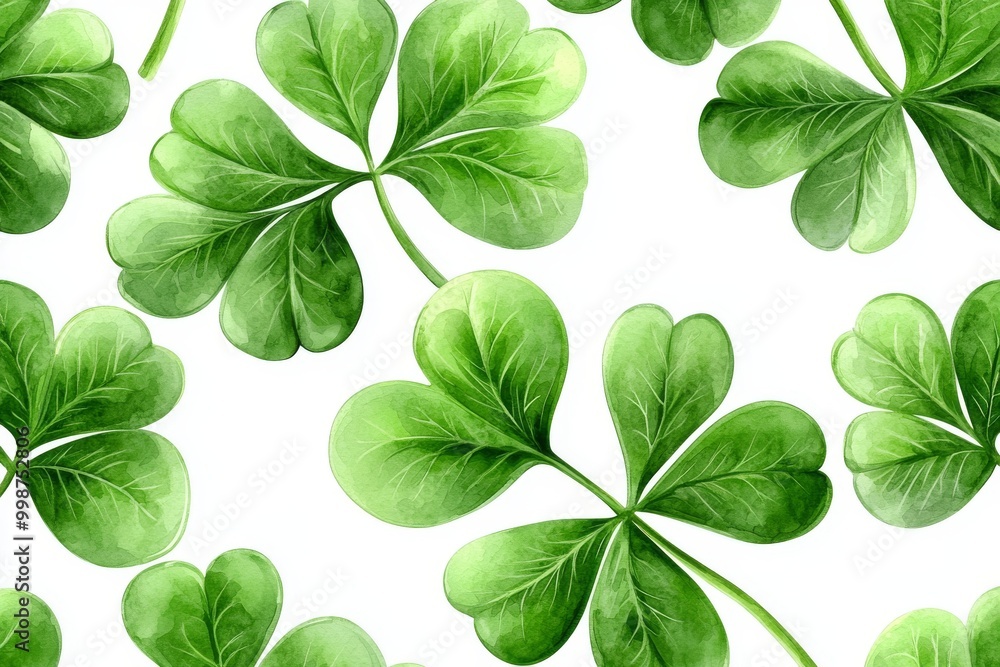 A pattern made up of repeating watercolor green shamrock leaves A pattern made up of repeating watercolor green shamrock leaves