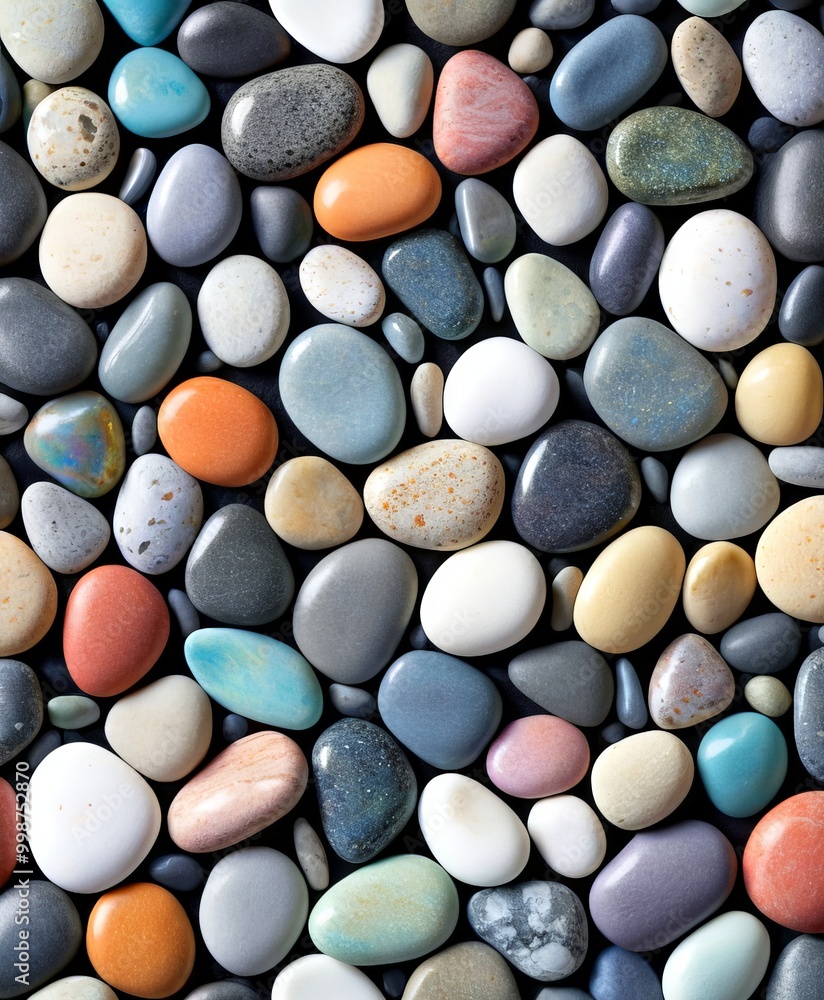 A close-up variety of colorful pebbles and stones arranged in a visually appealing pattern A close-up variety of colorful pebbles and stones arranged in a visually appealing pattern