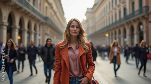 Fashionable Woman Walking in Milan: Street Style and Urban Fashion Trend in European City Street