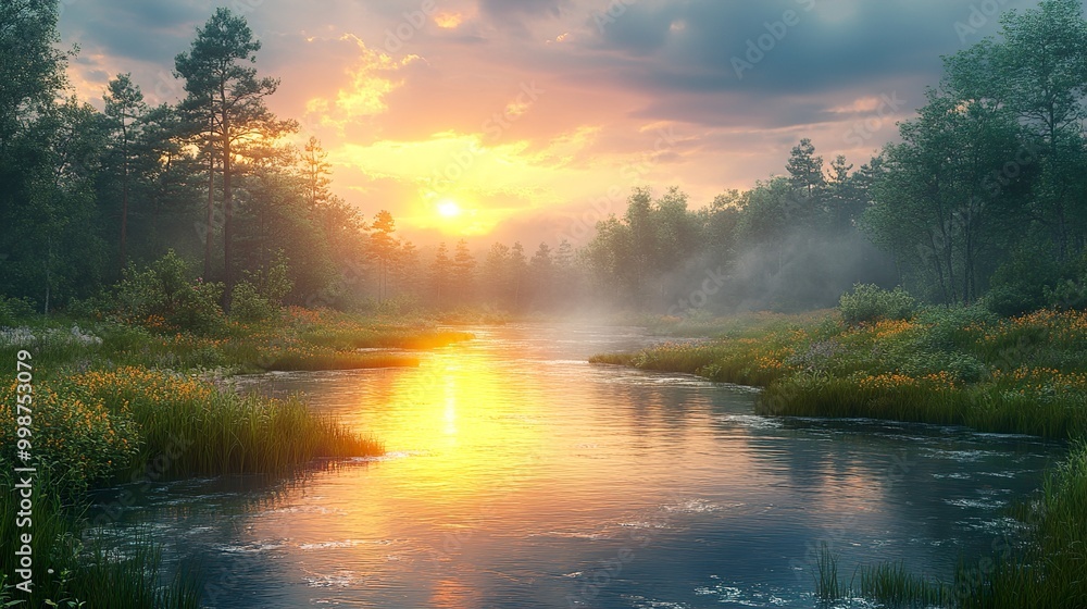 Serene Sunset Over a River in a Lush Forest Serene Sunset Over a River in a Lush Forest