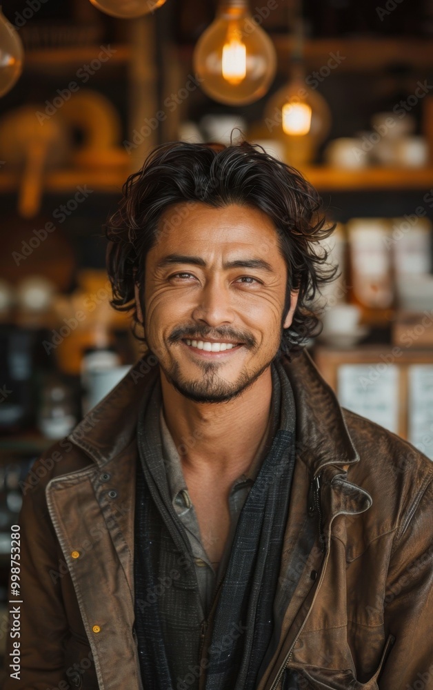 A man with a beard and a scarf is smiling. He is wearing a brown jacket. Scene is happy and friendly A man with a beard and a scarf is smiling. He is wearing a brown jacket. Scene is happy and friendly