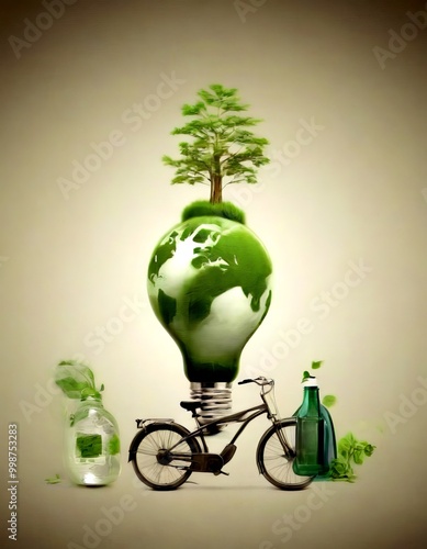 A light bulb, encasing a miniature tree, is connected to a bicycle, with a green bottle and a water bottle nearby, all set against a neutral background photo